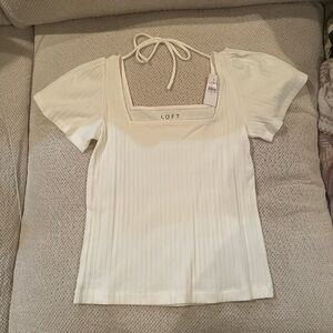 LOFT Ivory Ribbed Square Neck Top